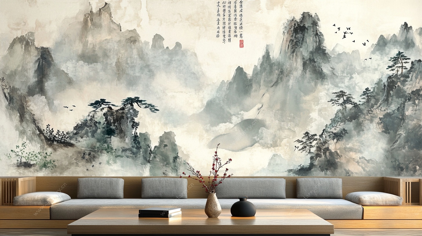 中式水墨山水客厅背景墙