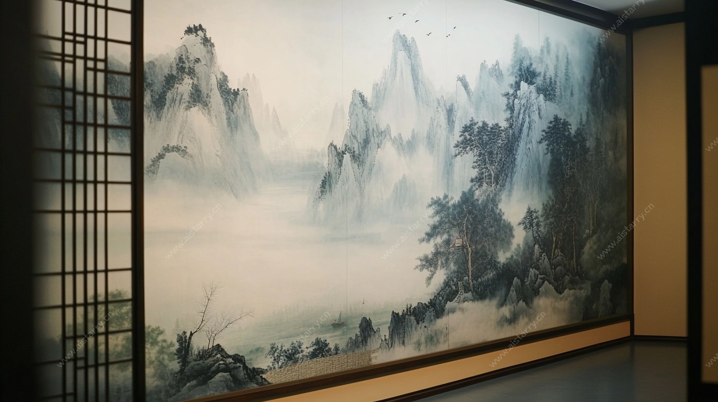 中式山水壁画室内装饰图
