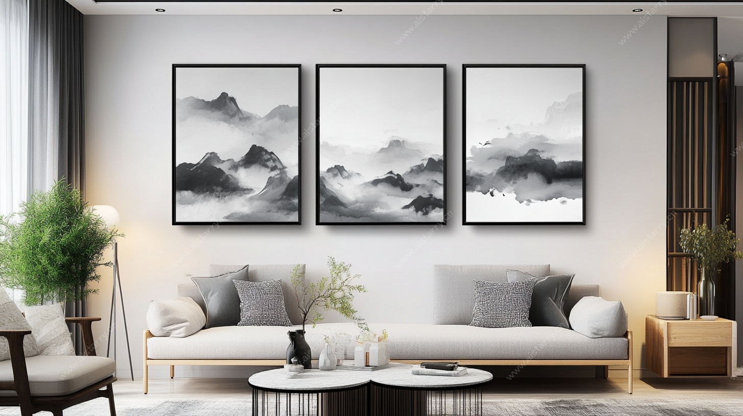 现代客厅中式山水挂画装饰