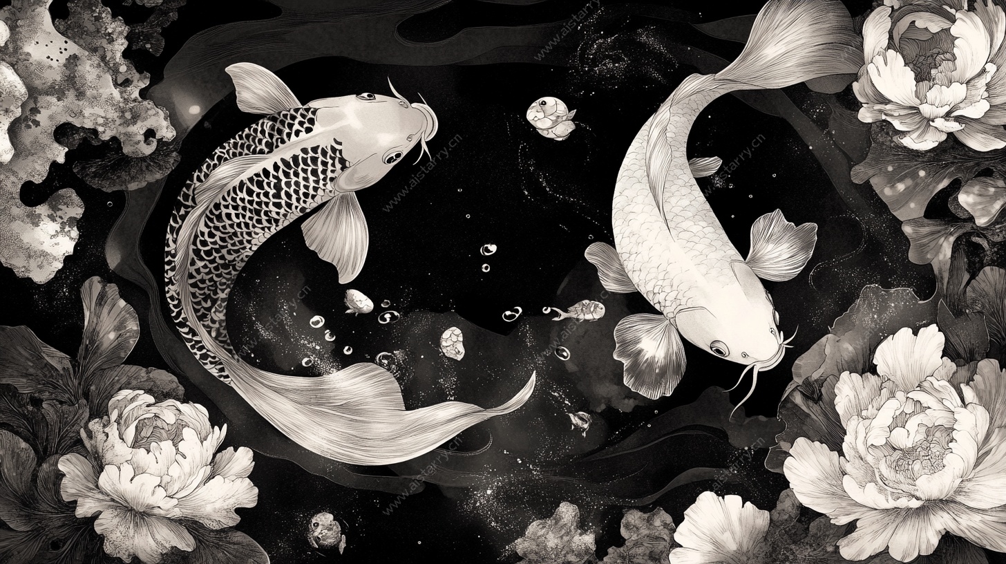 黑白锦鲤戏牡丹图