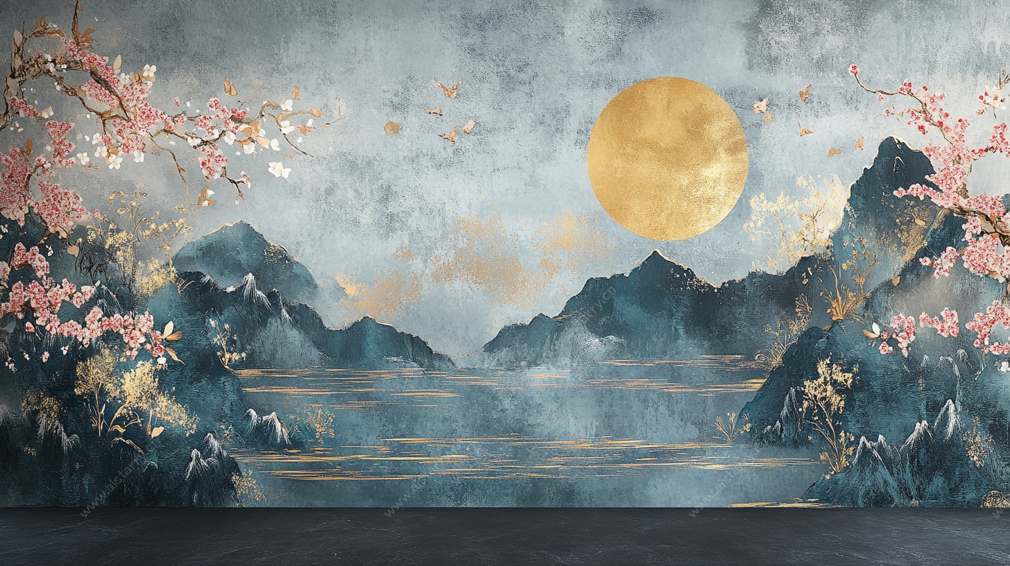 中式山水月夜花卉背景图