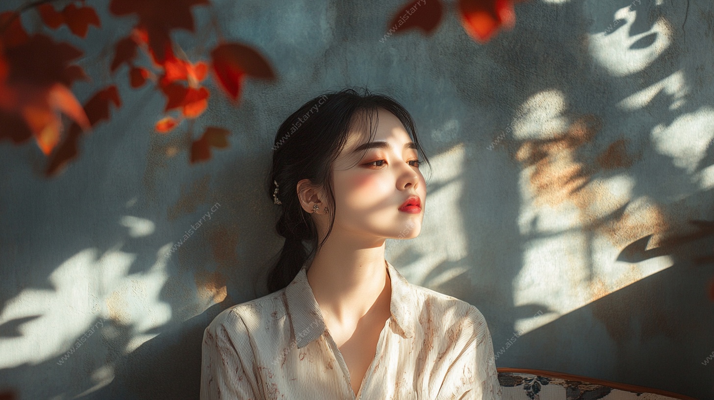 秋日光影下的静谧女子