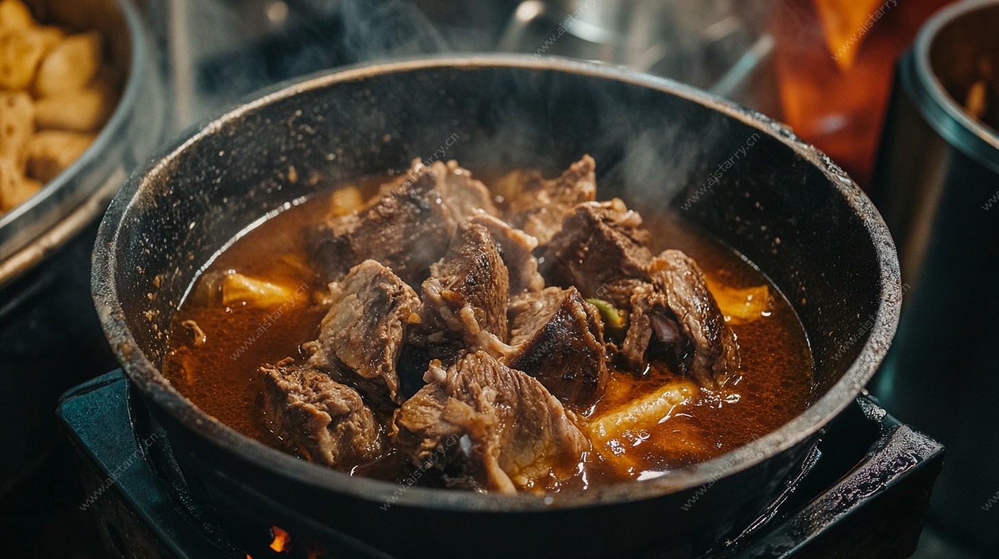 热气腾腾的牛肉炖煮锅