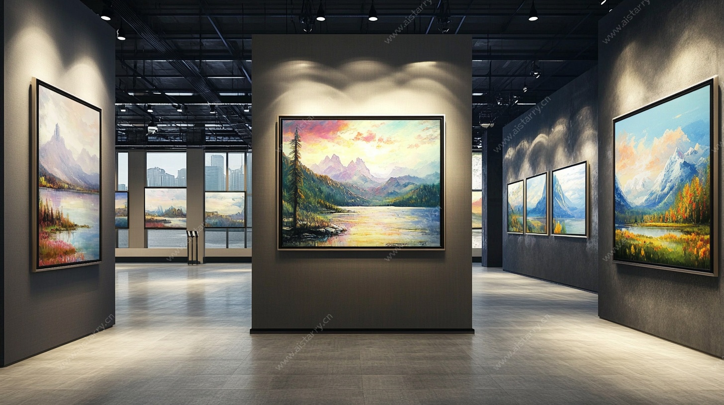 现代艺术画廊内的山水画作