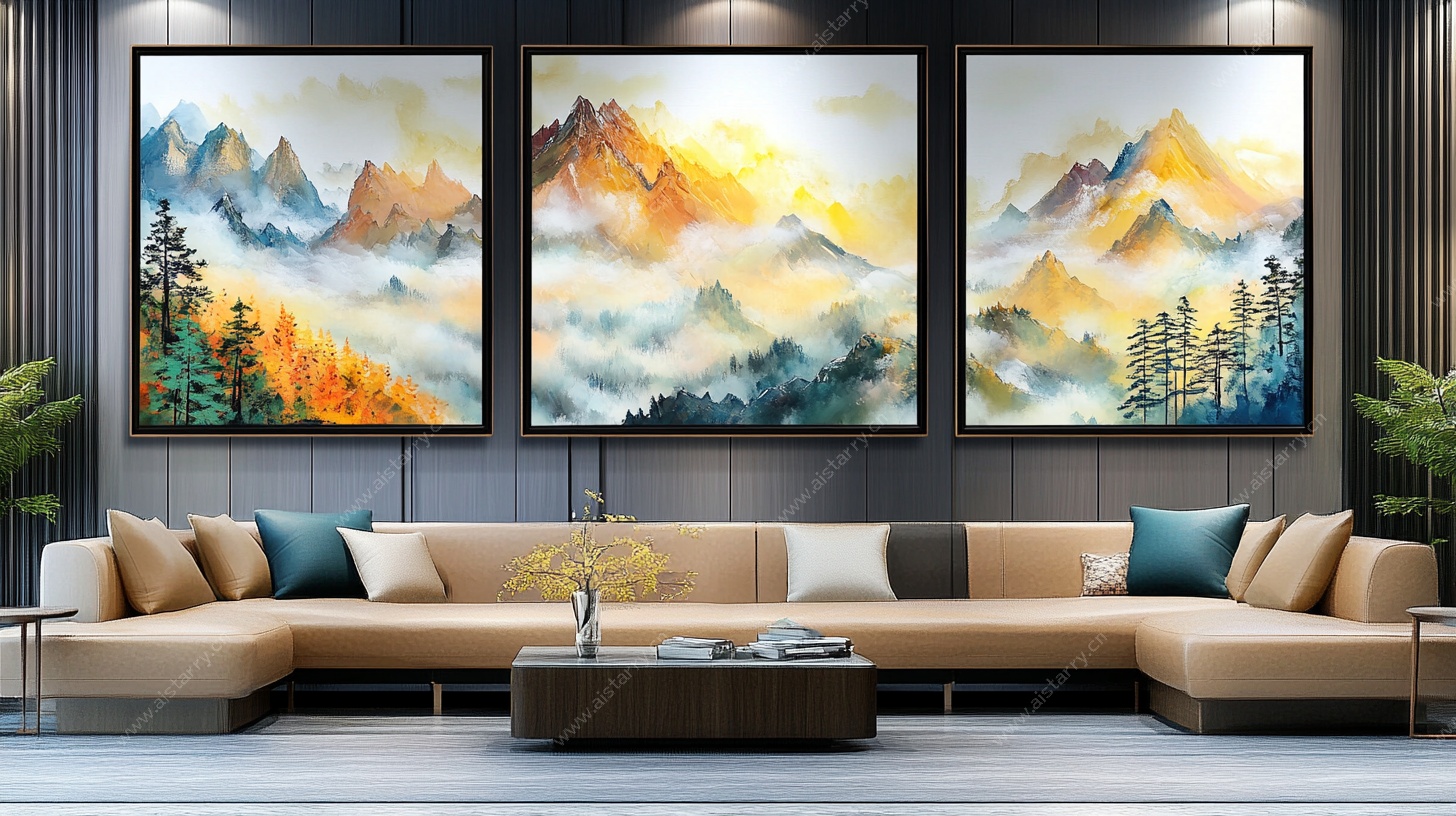 三联山水挂画 客厅艺术风