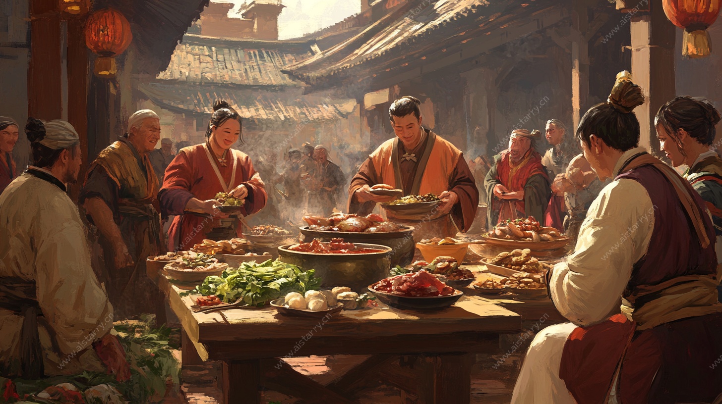 古代热闹集市聚餐场景