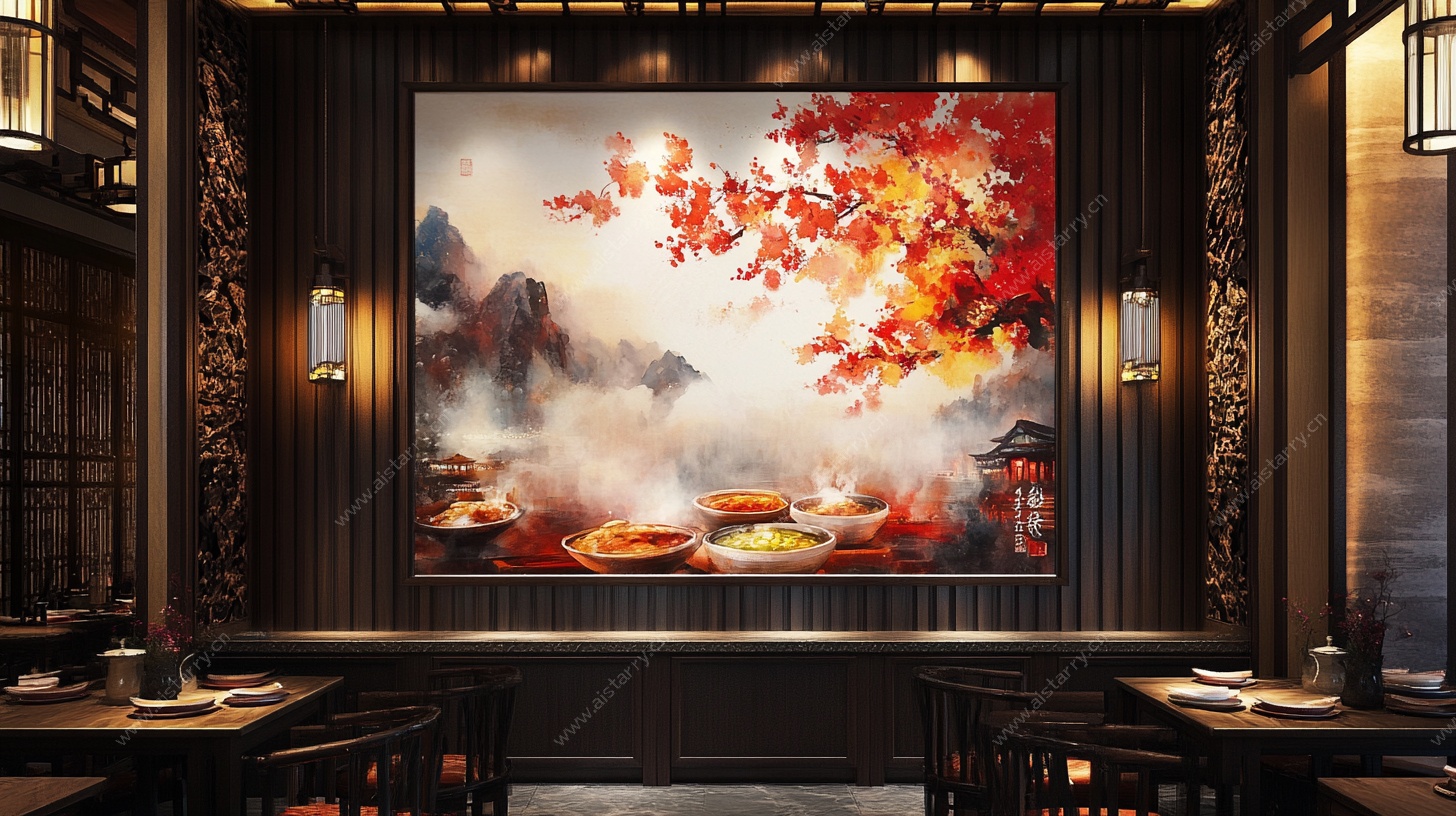中式餐厅的山水红叶壁画