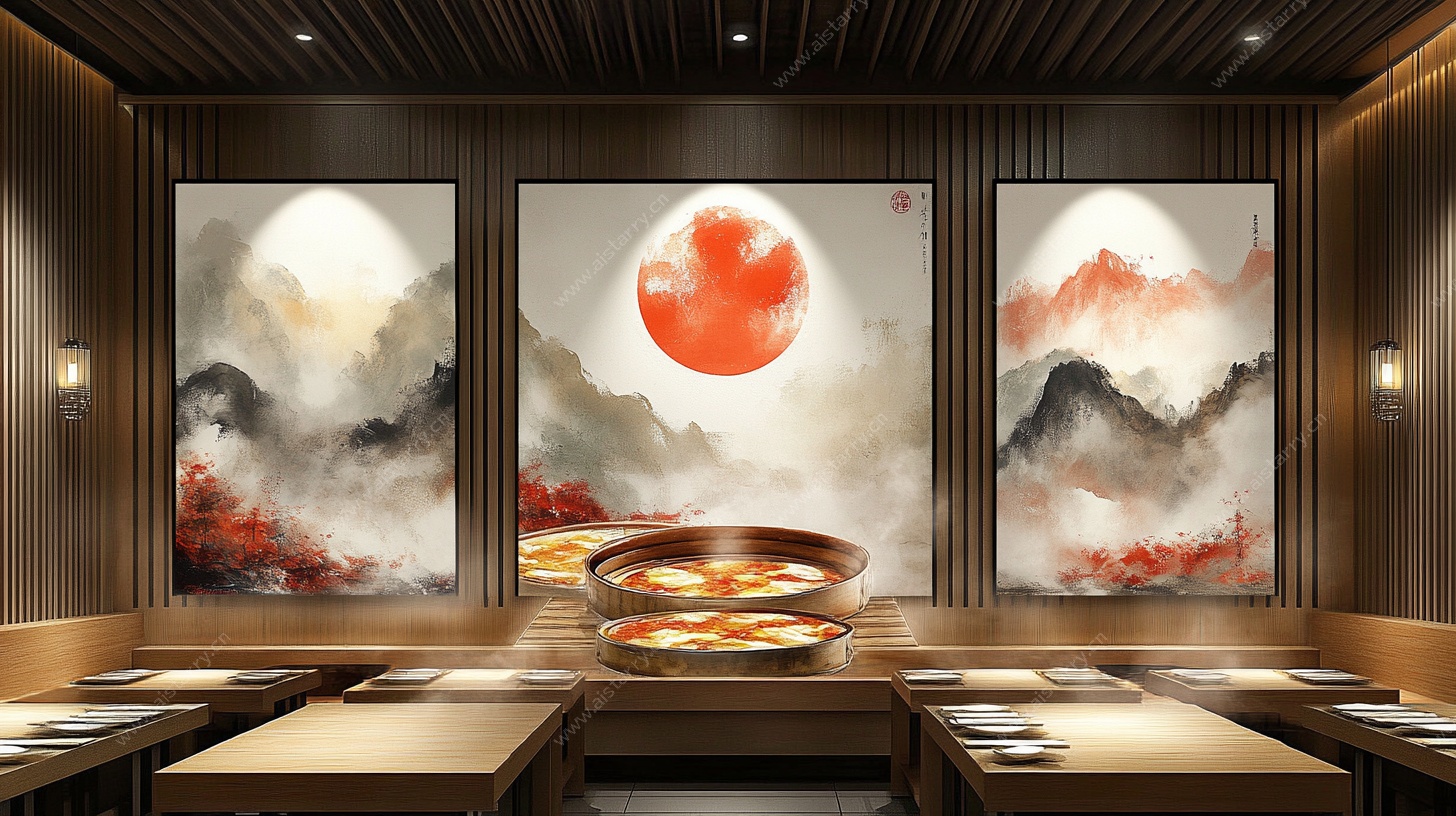 中式餐厅的山水壁画装饰