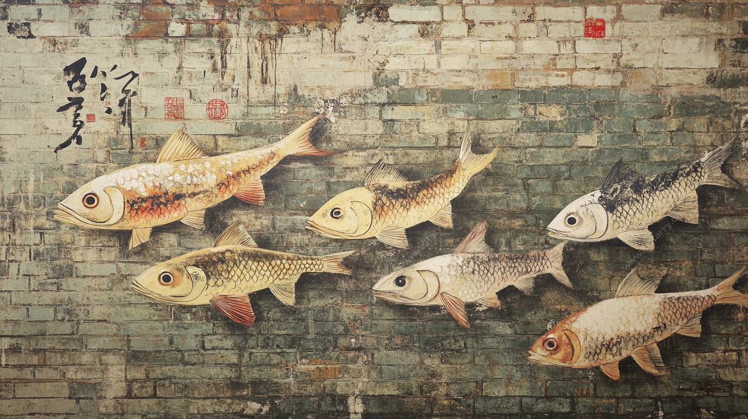 砖墙上的中式手绘鲤鱼图