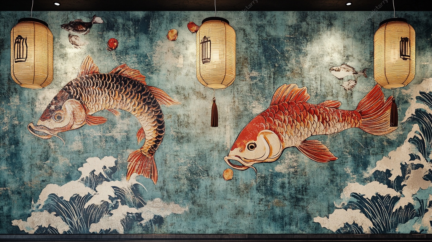 中式锦鲤海浪风墙面装饰