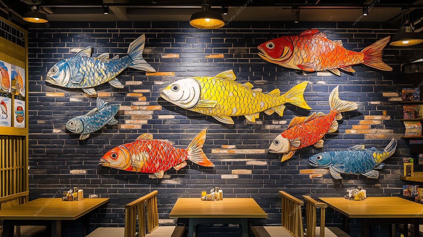 餐厅墙面多彩立体鱼装饰