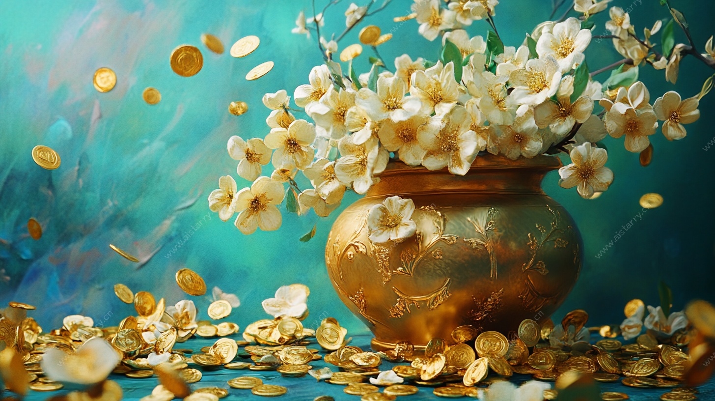 金花瓶盛花洒落金币图