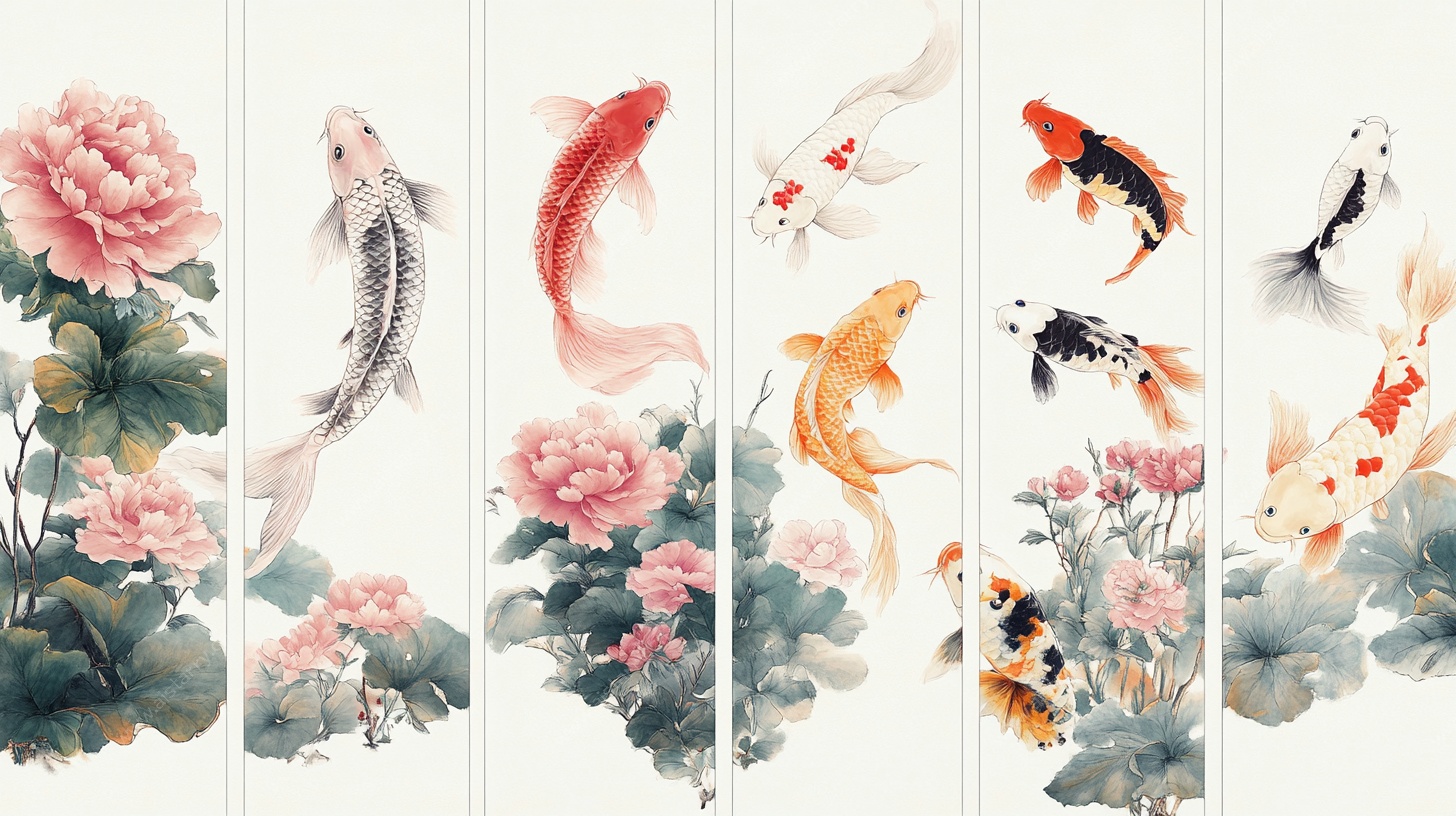 水墨锦鲤牡丹屏风图