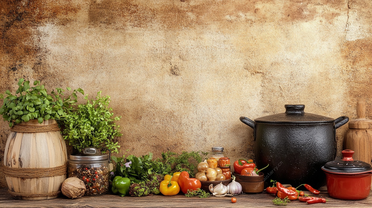 厨房静物 多彩食材与炊具