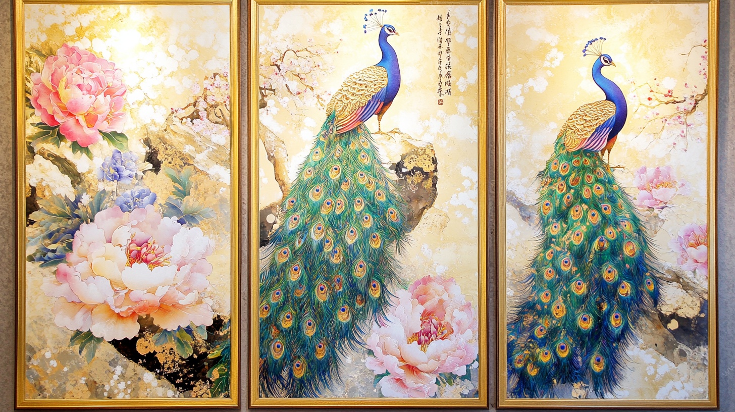 三联孔雀牡丹装饰画