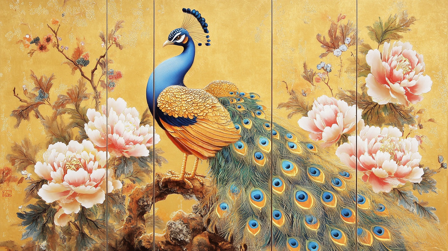 孔雀牡丹中式屏风画