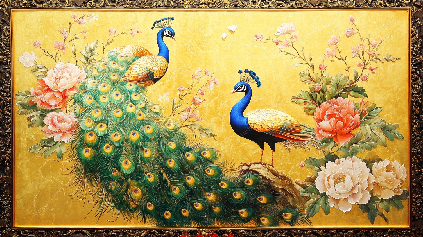 双孔雀花卉金底装饰画