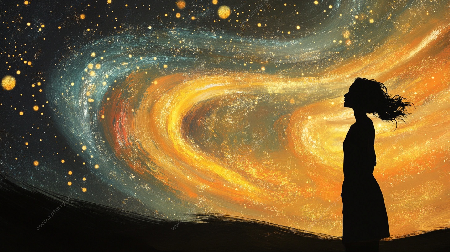 女孩凝望绚烂星空剪影
