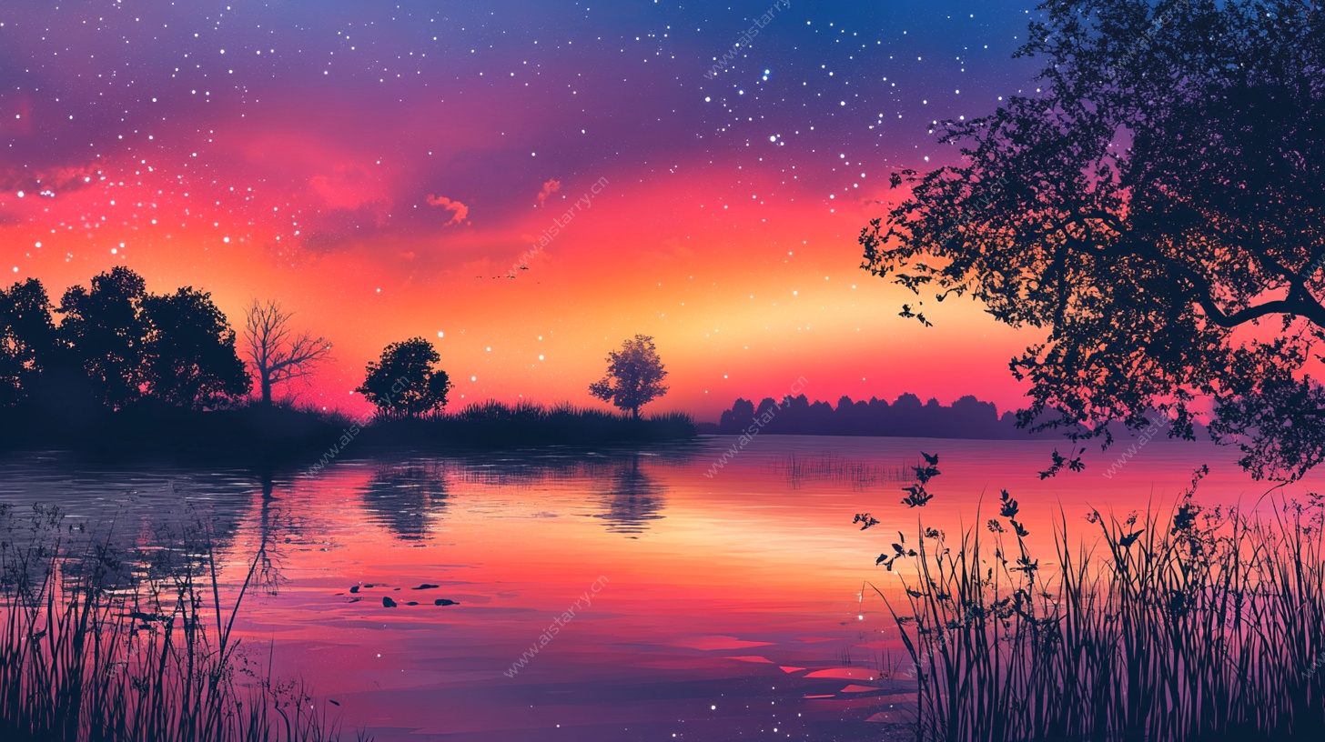 湖畔梦幻星空晚霞美景