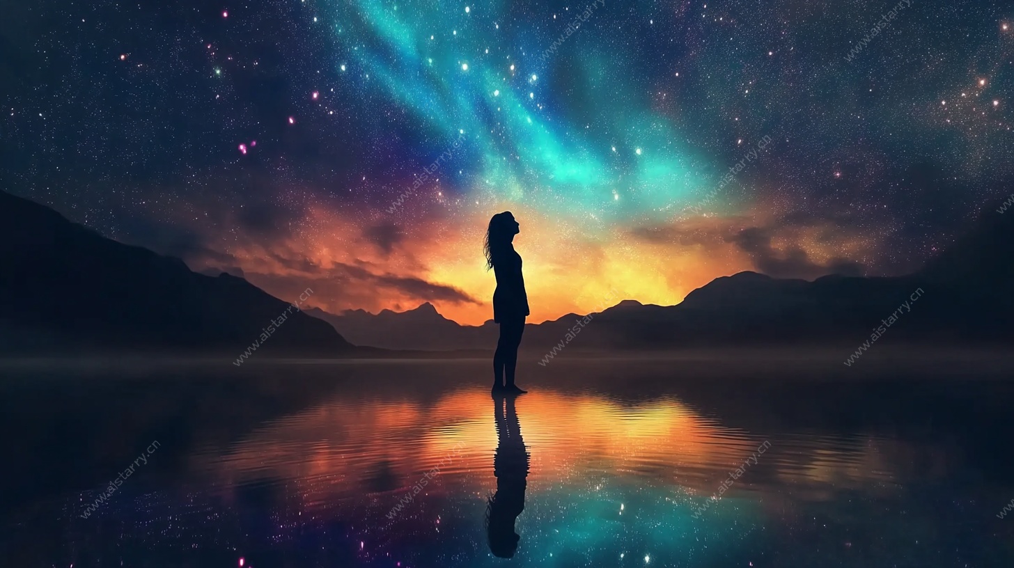 女子凝望绚烂星空夜景