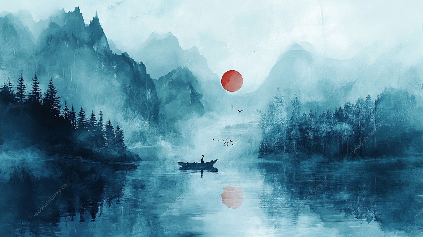 水墨山水间的孤舟垂钓