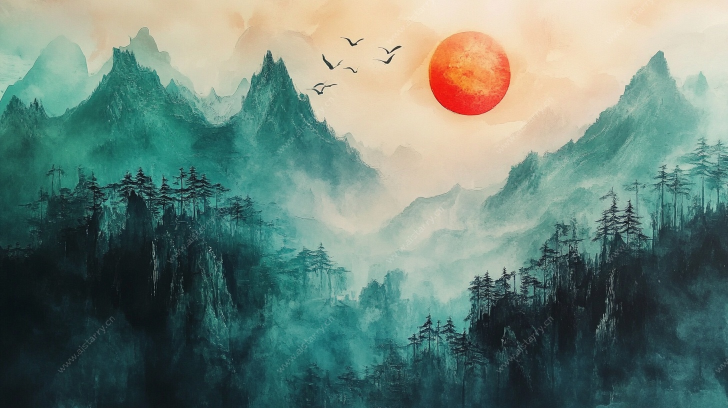 水墨山川落日飞鸟图