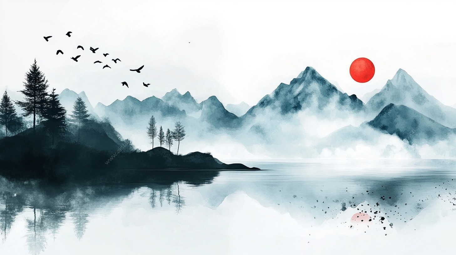 水墨山水日出飞鸟图
