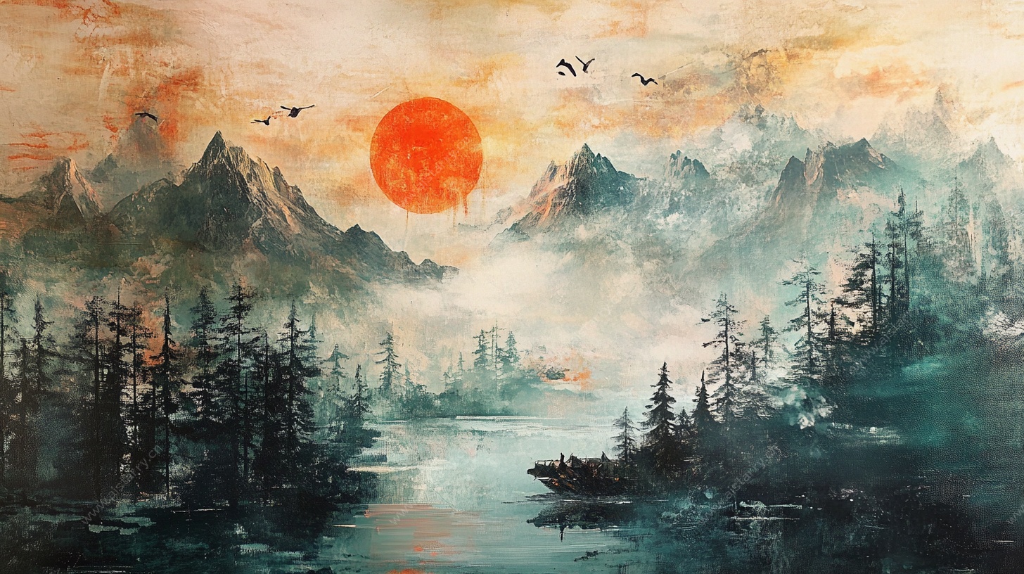 水墨山水日出图