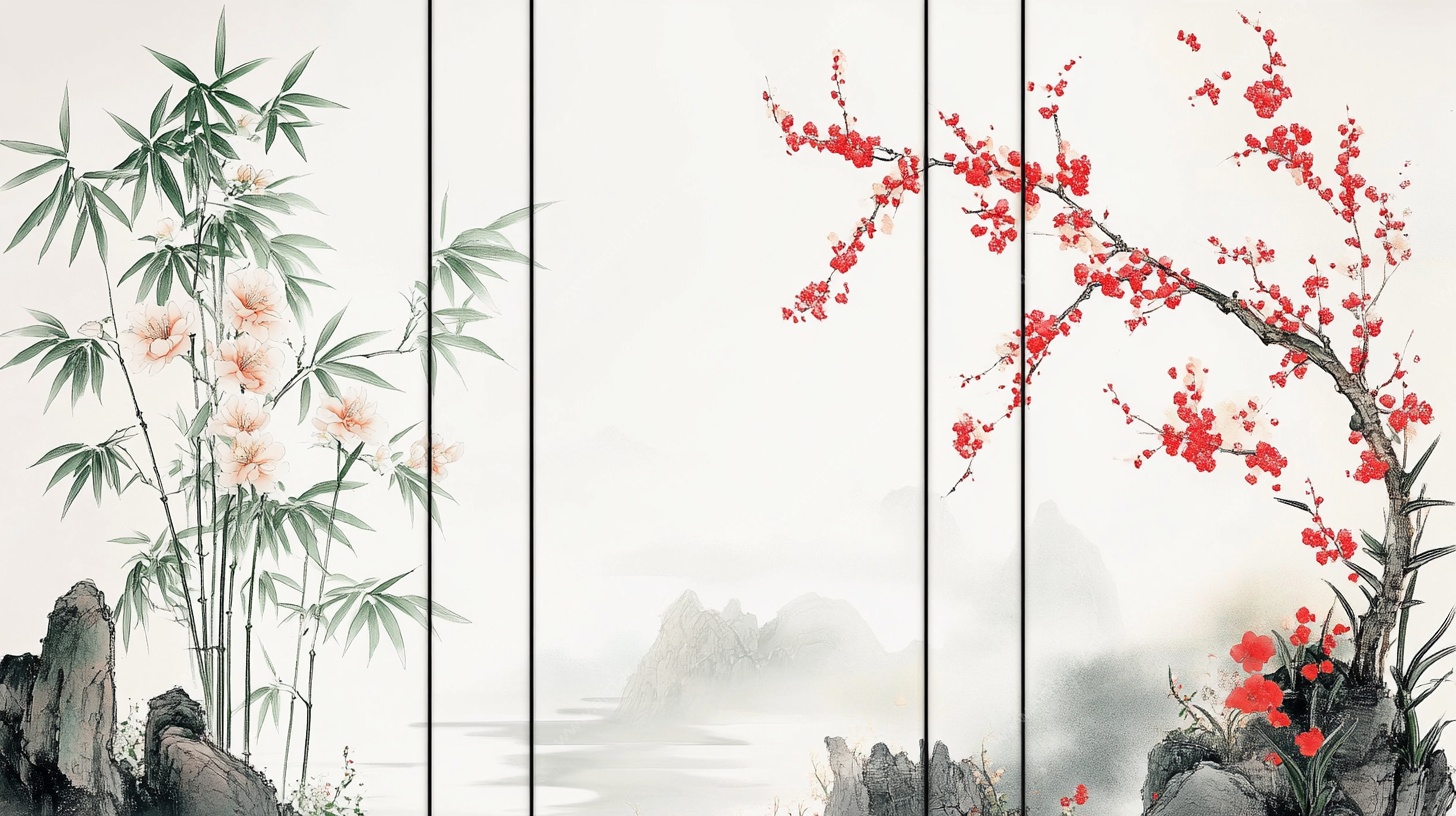 梅竹山水中式屏风画