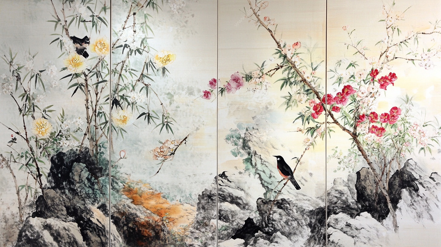 中式花鸟屏风画