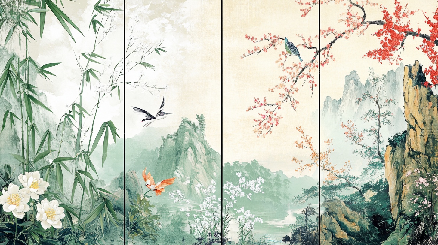 中式山水花鸟四幅屏画