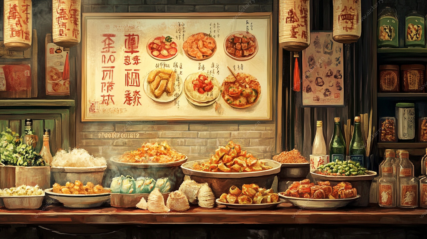 中式美食摊位 佳肴满桌