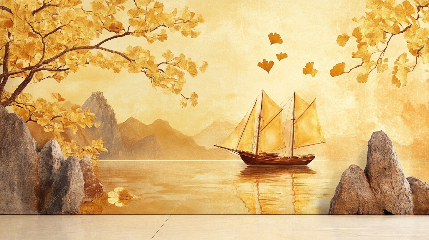 金秋湖景帆船图