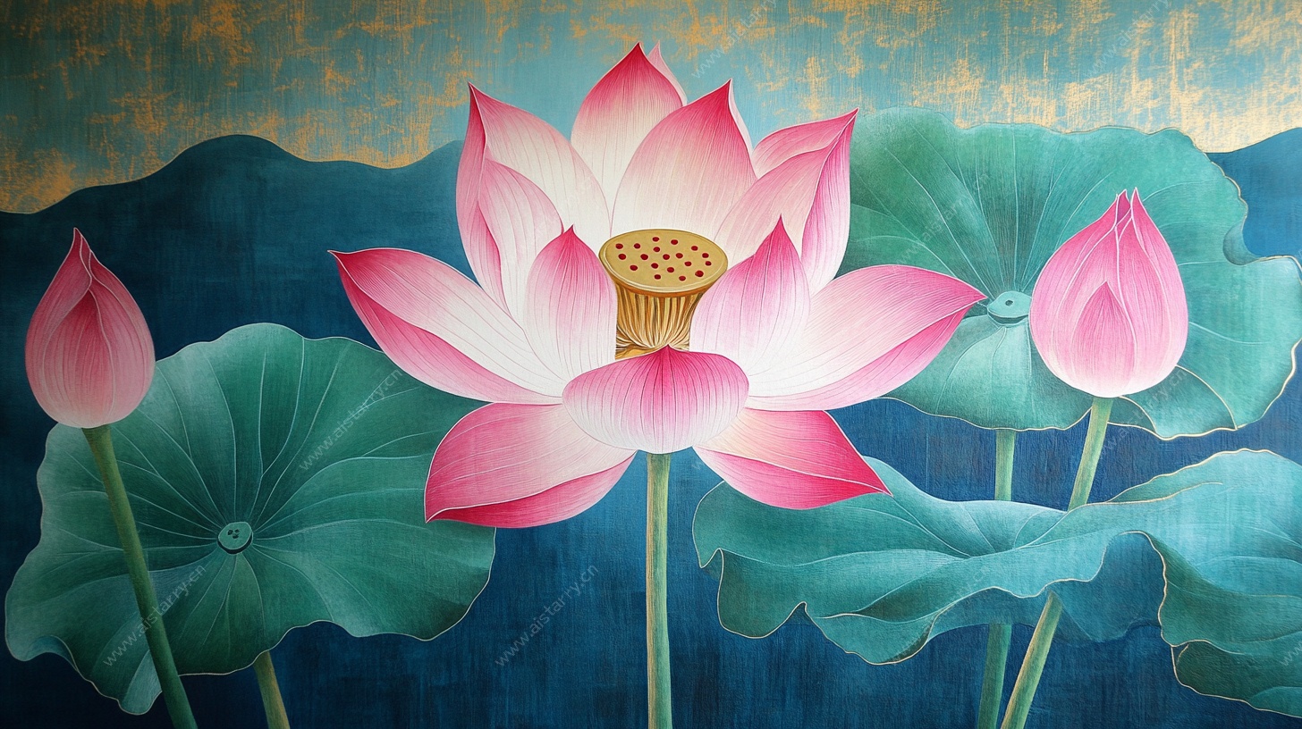 水墨风盛开的粉色荷花