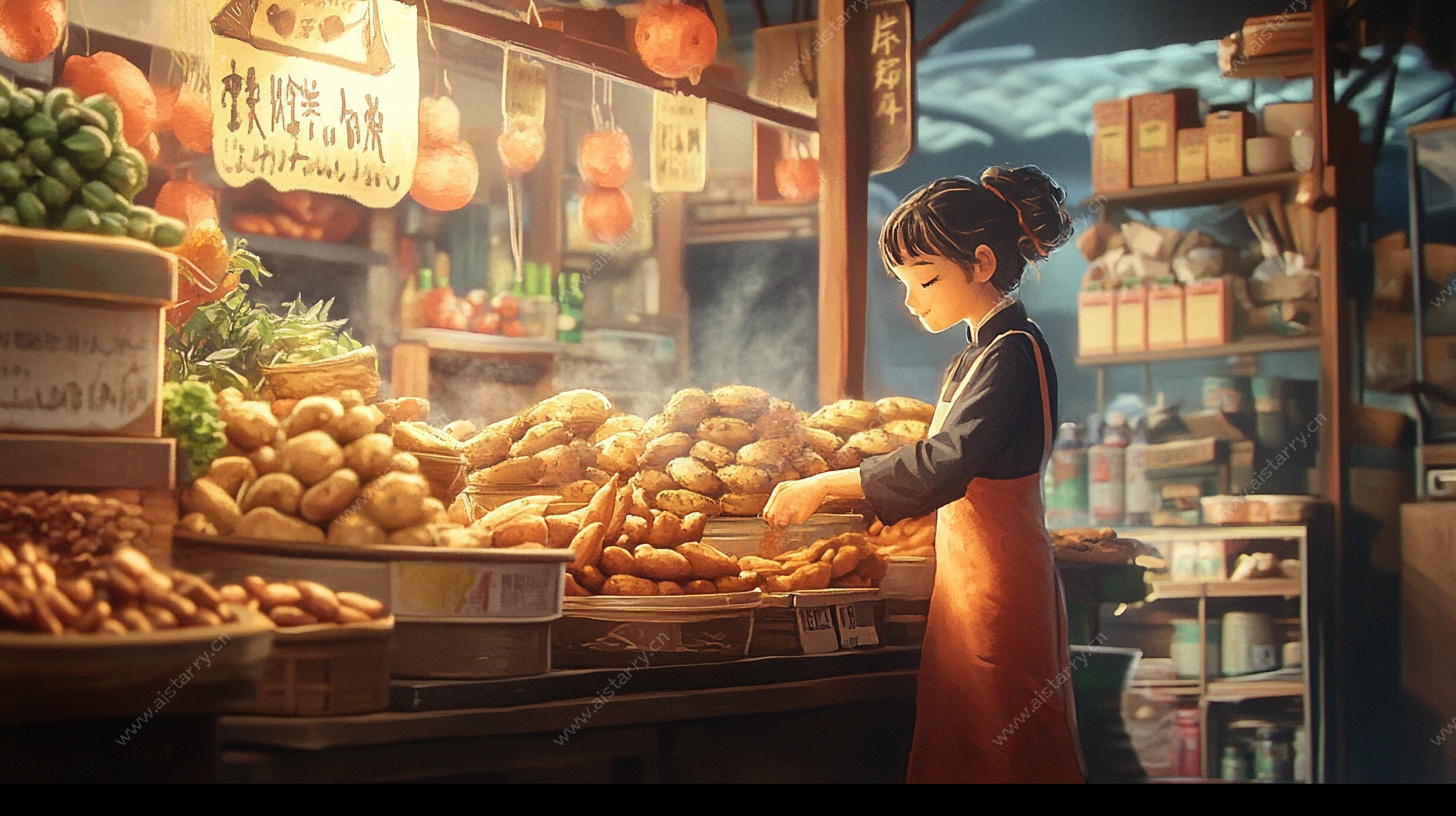 少女忙碌于烟火气集市摊位