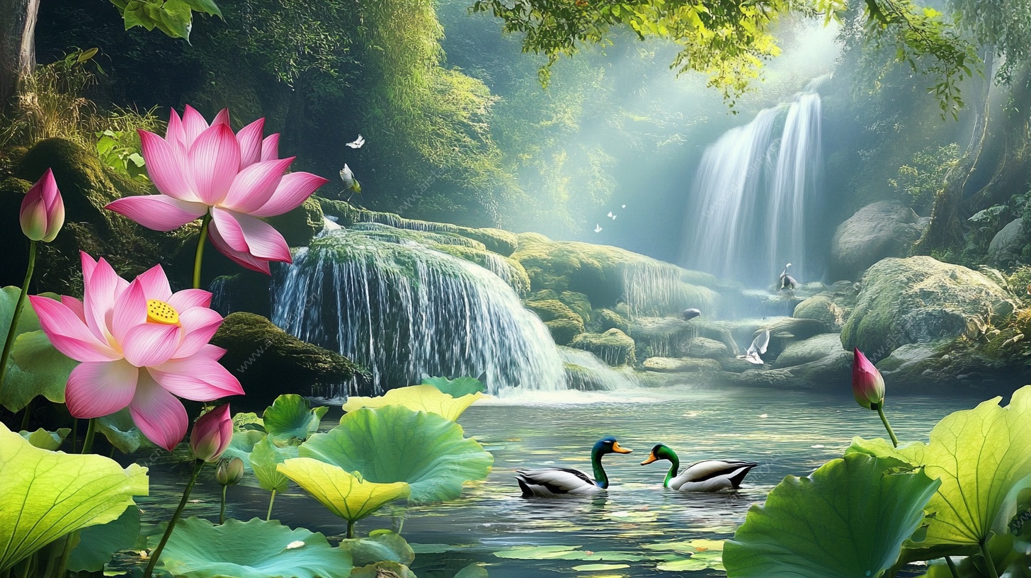 荷塘瀑布间的自然诗意