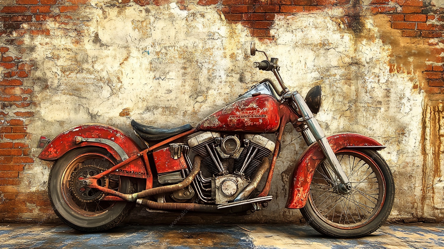 复古红摩托车靠墙而立
