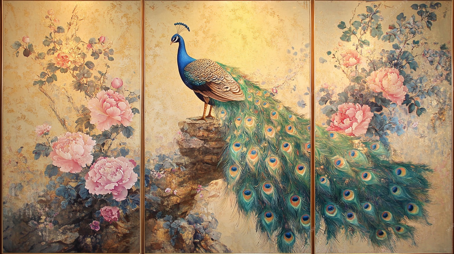 孔雀牡丹三联装饰画