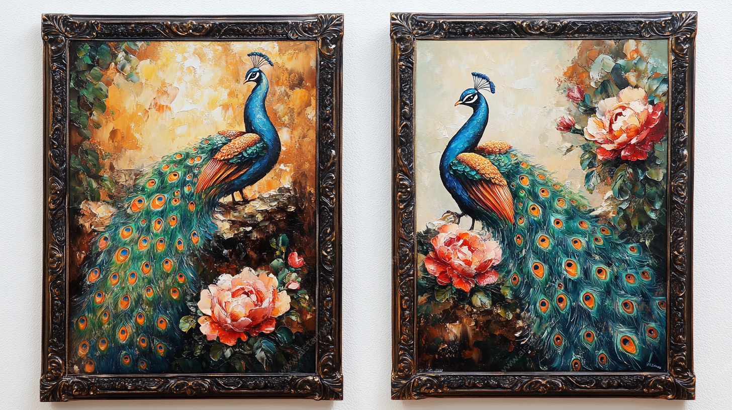 双幅孔雀花卉油画装饰画