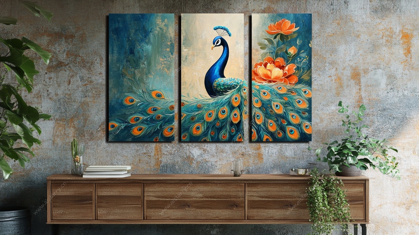 三联孔雀装饰画 艺术感十足