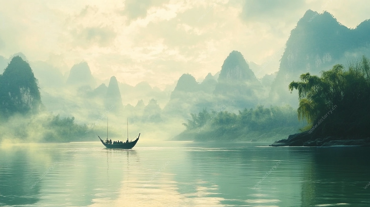 江上孤舟山水诗意画卷