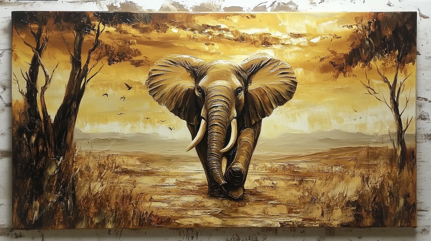 大象漫步于黄昏草原油画