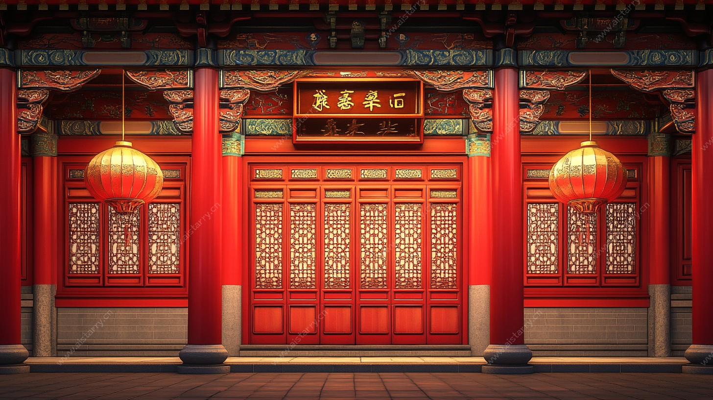 中式传统红门灯笼场景