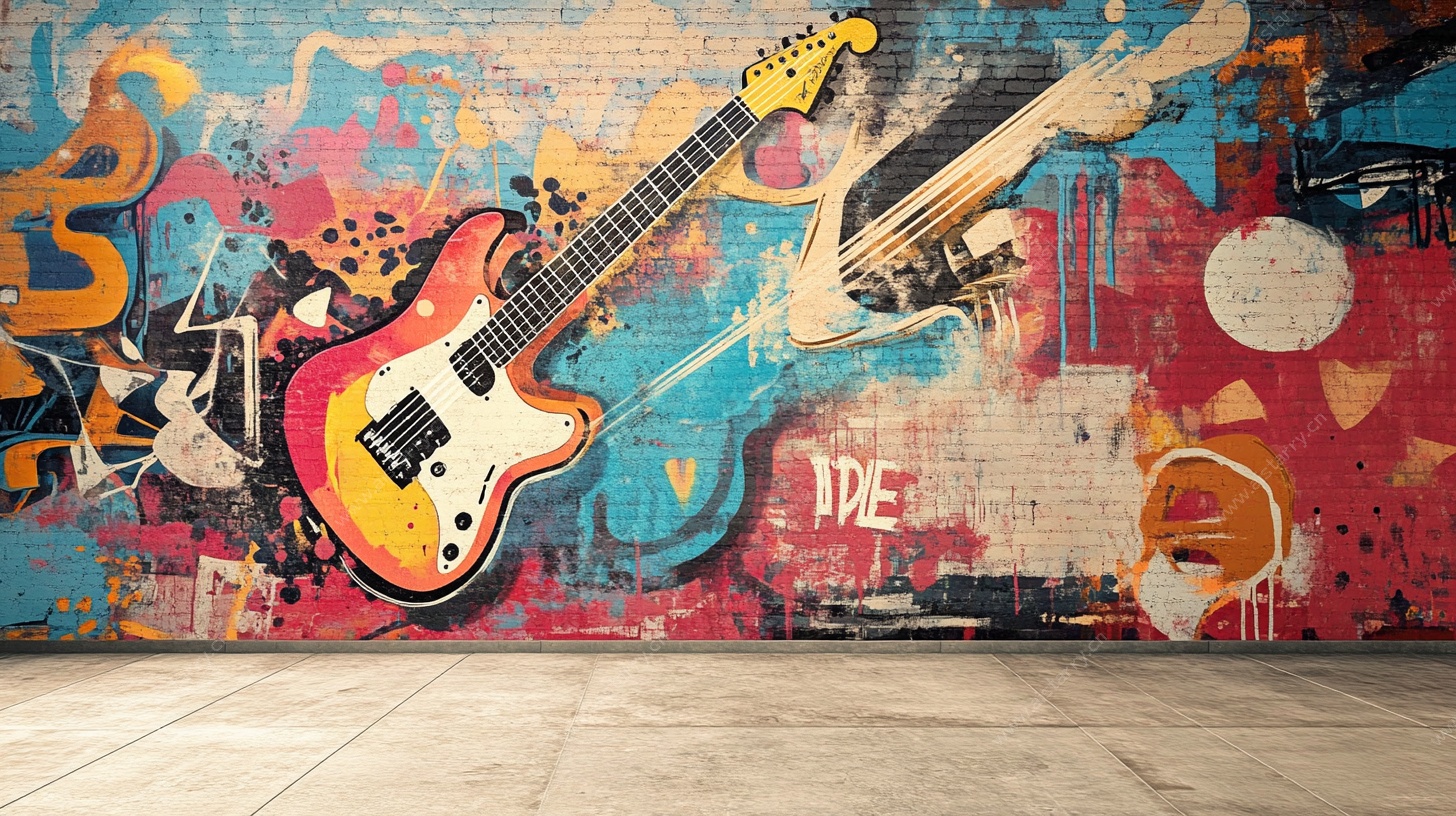 涂鸦墙前的多彩电吉他