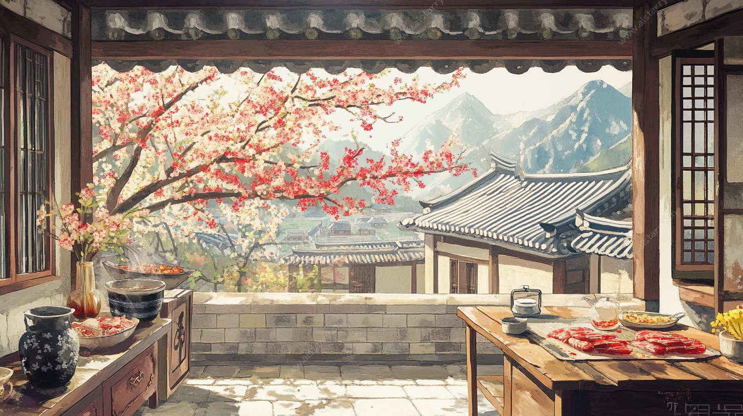 古风庭院赏春景