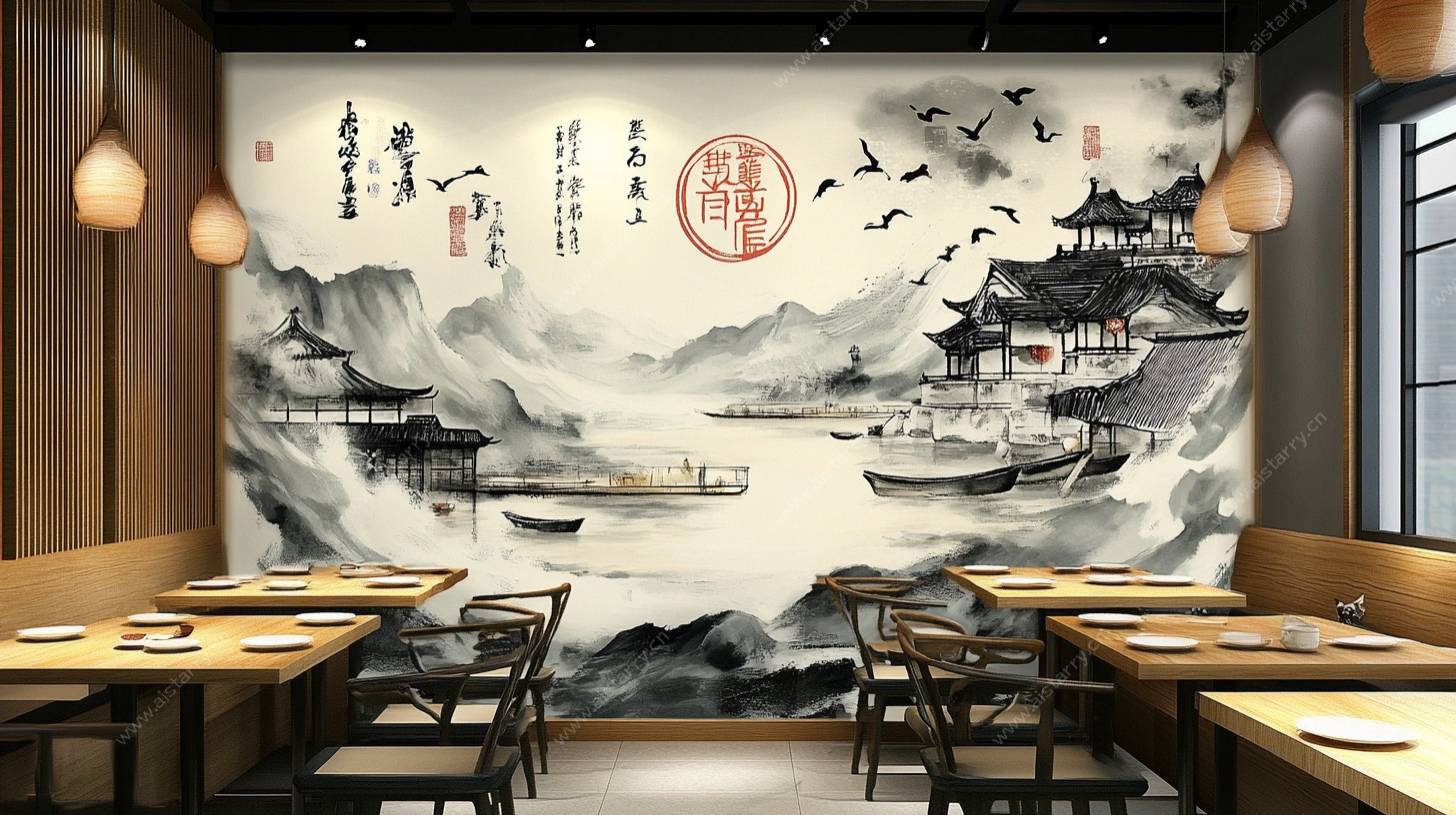 中式餐厅水墨山水风背景墙
