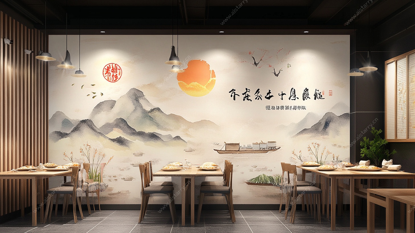 中式餐厅山水意境壁画