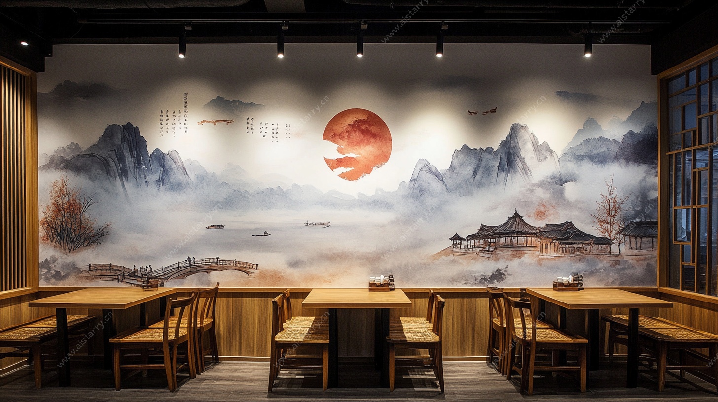 中式餐厅水墨山水风墙面