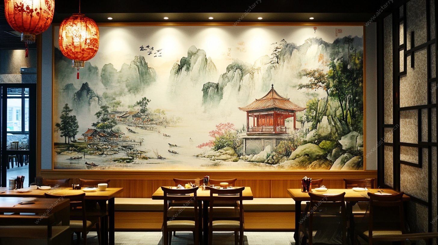 中式餐厅山水壁画装饰