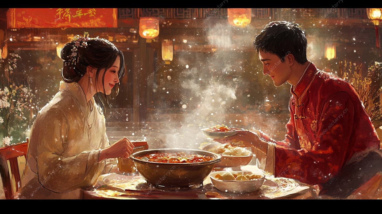 古风情侣温馨共食画面